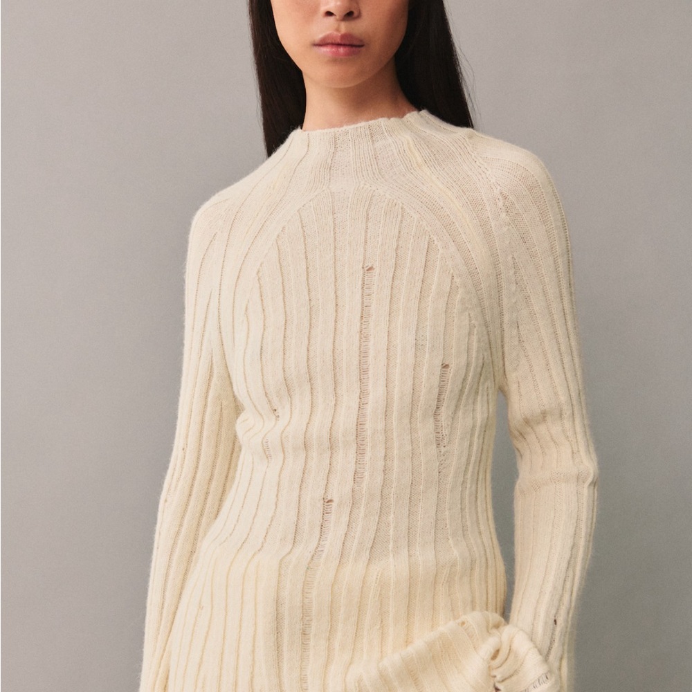 Mango Cream Crew Neck Sweater with Ribbed Knit Texture